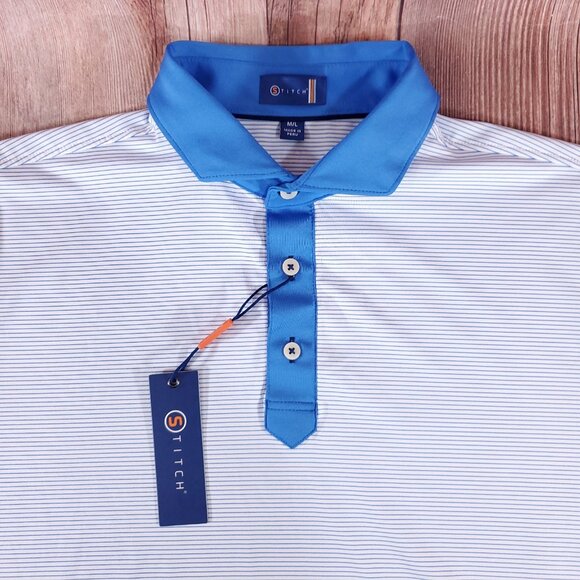 NWT Stitch Bowery Mens M/L Sebonac Blue SS Golf Polo Shirt Striped Performance - Picture 3 of 15